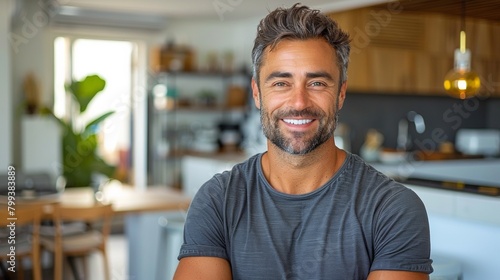 A man with a beard and gray shirt smiling at the camera, AI
