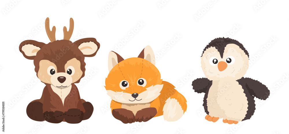 Funny plush animal newborn present collection, childish cuddly toys set isolated on white background