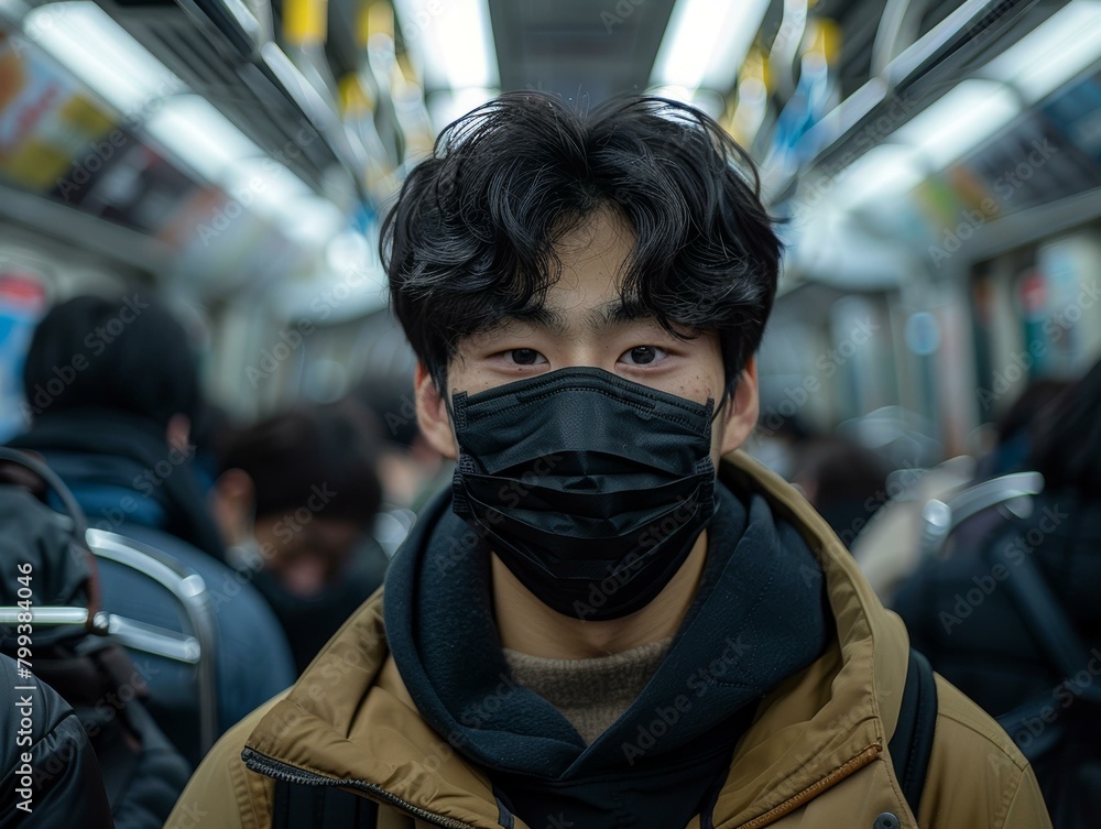 A young man wearing a mask is looking at the camera.