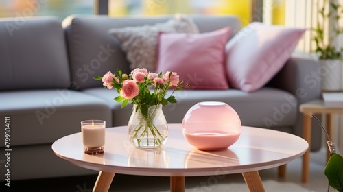 A beautiful living room with a pink sofa, a coffee table, and a vase of flowers © Adobe Contributor