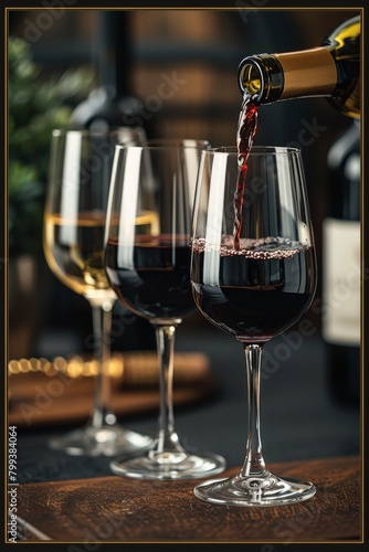 A wine being poured into three glasses on a table, AI