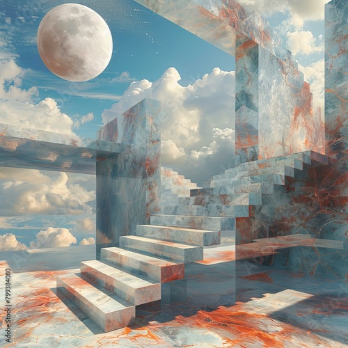 Surreal marble structure with stairs and a large moon in the sky photo