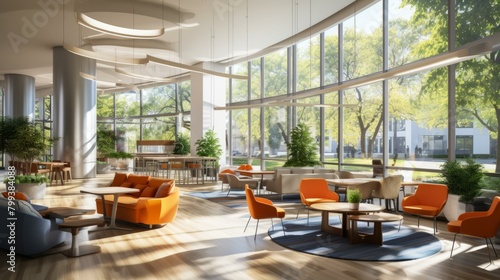 Modern office interior with large windows and orange furniture