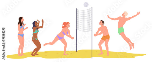 Cartoon people characters playing seaside beach volleyball throwing and hitting ball over net