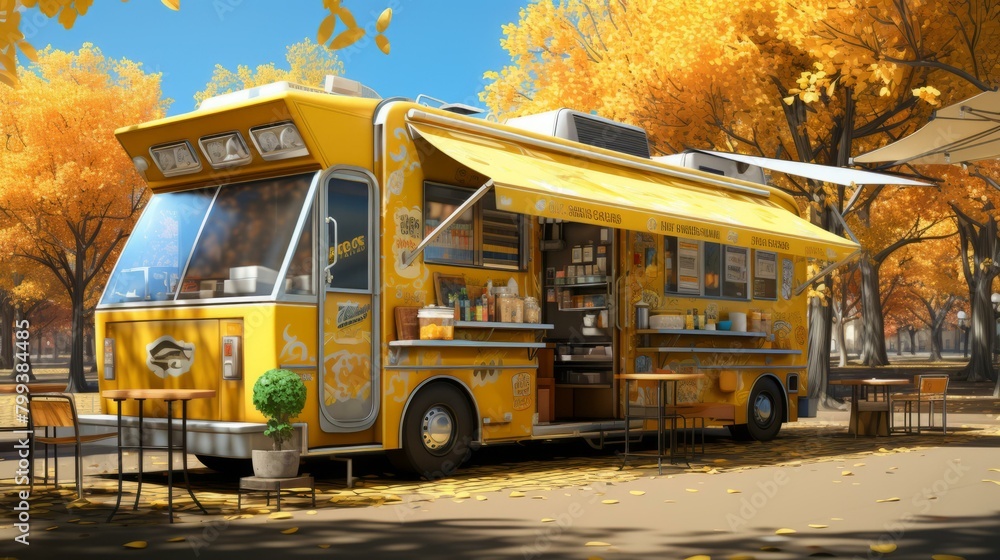 Obraz premium Yellow food truck parked in a park with autumn trees