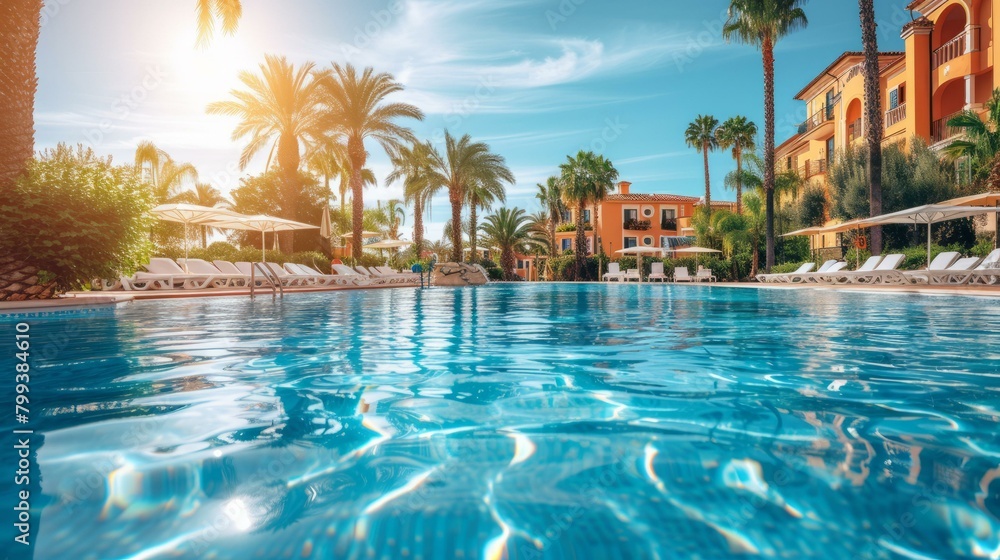 Palm trees and blue water in a swimming pool with a bright sunny day
