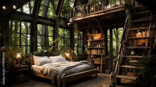 A cozy forest cabin with a bedroom and a library © Adobe Contributor