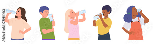 Little children isolated cartoon characters drinking water from plastic bottles and glasses set