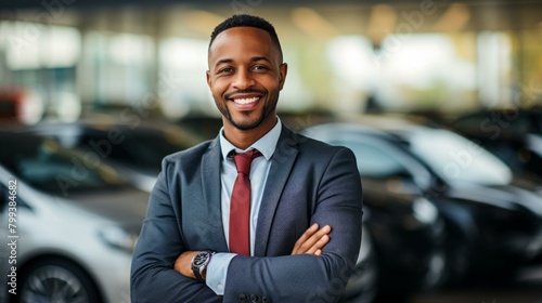 Portrait of a smiling African-American car salesman standing in a car dealership with his arms crossed.