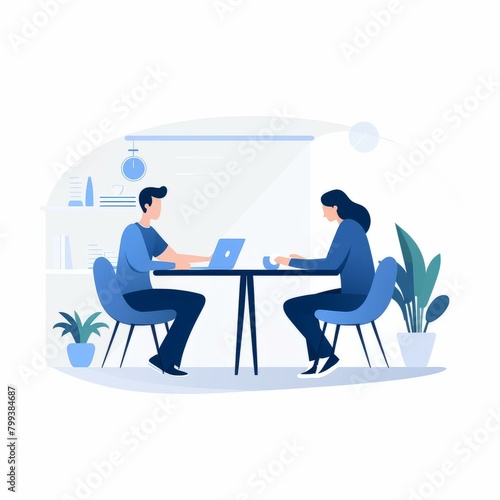 A man and a woman are sitting at a table and talking © Adobe Contributor