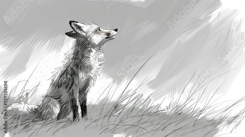  A monochrome illustration of a fox perched on the grass, gazing upward with an open maw