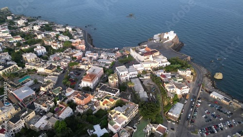 Vista aerea di Forio a Ischia. La chiesa del soccorso e porto, barche casee un mare azzurro photo