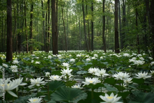 White flowers in a green forest photo