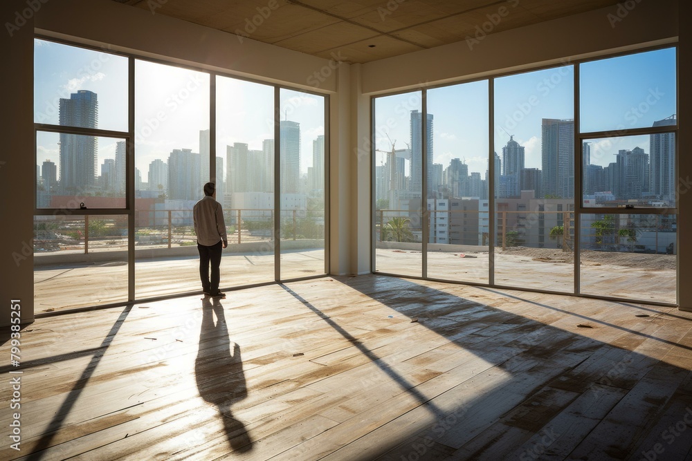 Man looking out at the city from an empty room with large windows