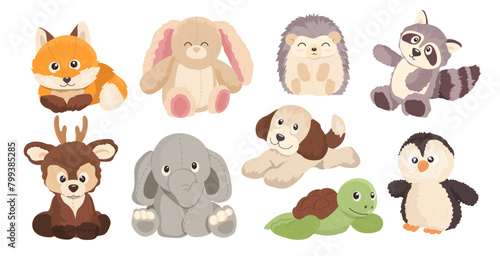 Fototapeta Naklejka Na Ścianę i Meble -  Cute cartoon soft animals, different plush toys for children set isolated on white background