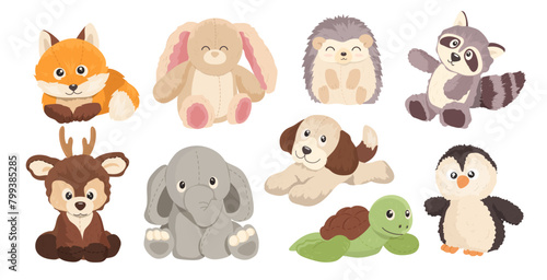 Cute cartoon soft animals, different plush toys for children set isolated on white background