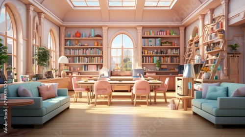 A beautiful pink library with a large window and a wooden table in the center