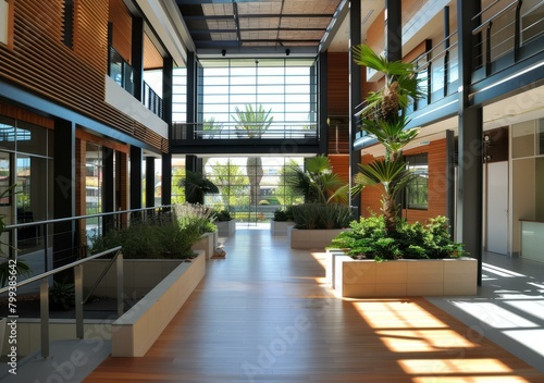 office interior atrium with wooden floor and glass walls