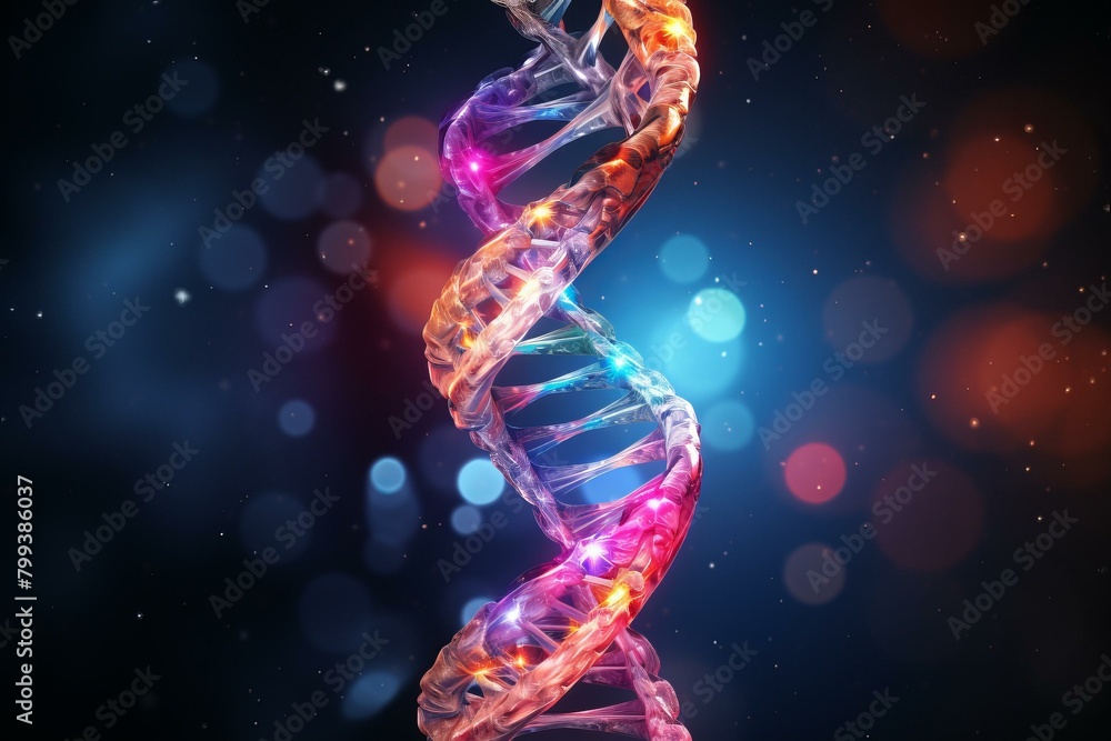 Obraz premium Double helix structure of DNA molecule with glowing spheres representing atoms