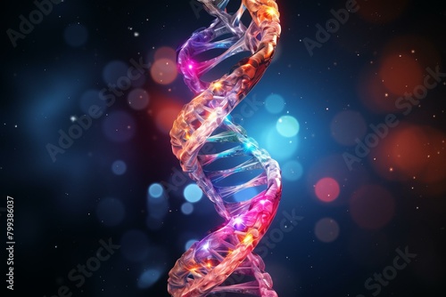 Double helix structure of DNA molecule with glowing spheres representing atoms photo
