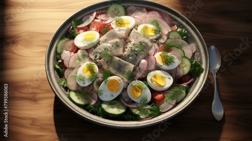 Salted herring salad with eggs and vegetables in a glass bowl.