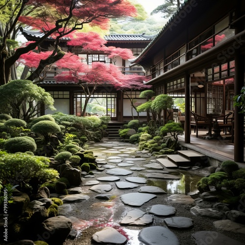 Japanese Garden with Traditional House and Stone Path
