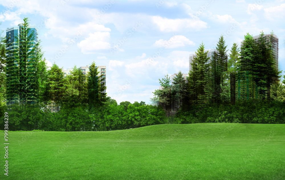 Double exposure of green forest and cityscape with buildings