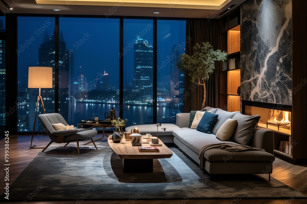 Modern living room interior design with large windows and city view at night