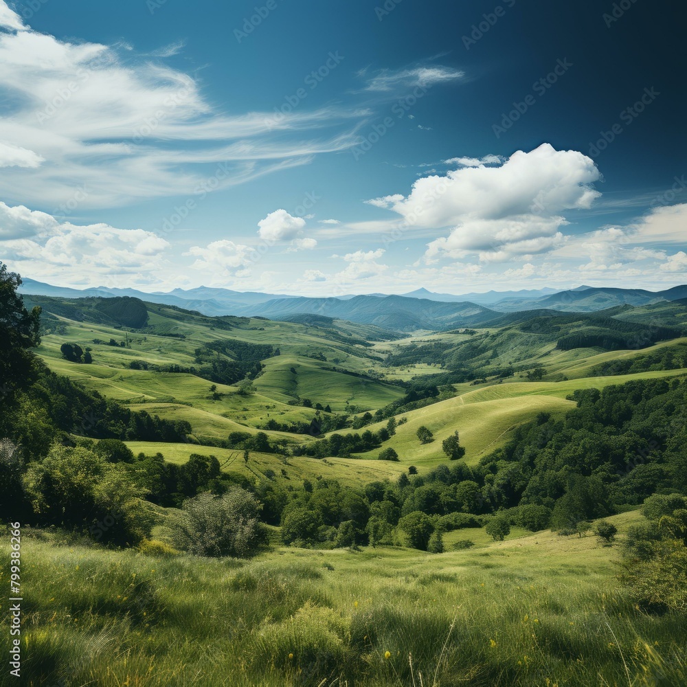 idyllic green rolling hills landscape with blue sky and white clouds