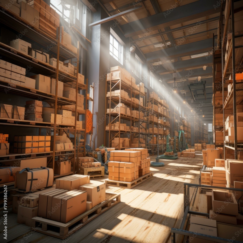 Warehouse interior with wooden shelves and boxes Warehouse interior with wooden shelves and boxes