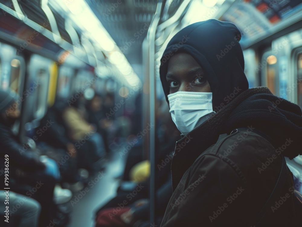A young African-American man wearing a mask on a subway train A young African-American man wearing a mask on a subway train