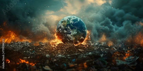 A post-apocalyptic world where the earth is on fire and surrounded by debris