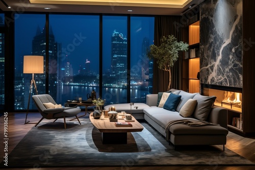 Modern living room interior design with large windows and city view at night © Adobe Contributor