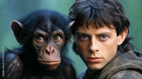 A young man and a chimpanzee stand together in the jungle photo