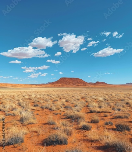 A vast arid desert landscape with a large flat-topped mountain in the distance