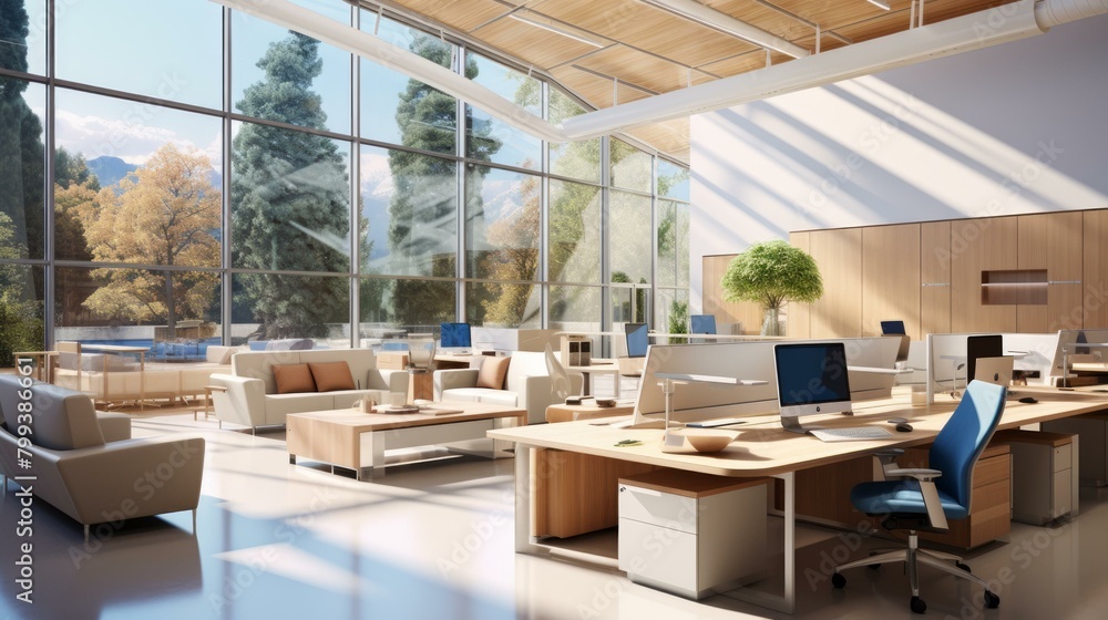Modern office interior with large windows and a view of the mountains