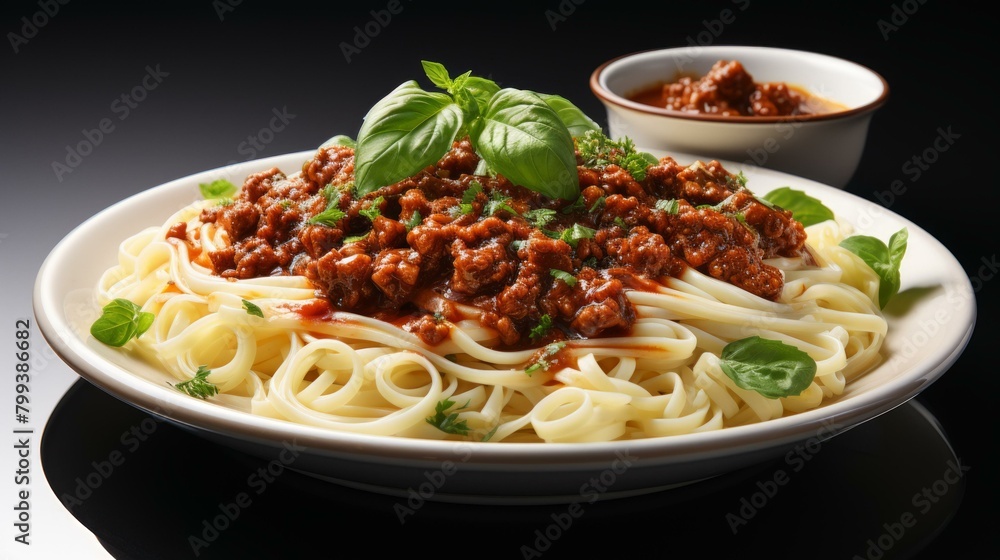 A plate of spaghetti with tomato sauce and basil A plate of spaghetti with tomato sauce and basil