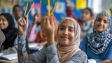 Classroom filled with joy as adult students of various backgrounds celebrate Literacy Day with pencils raised. International Literacy Day, 8 September