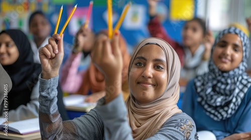 Classroom filled with joy as adult students of various backgrounds celebrate Literacy Day with pencils raised. International Literacy Day, 8 September photo