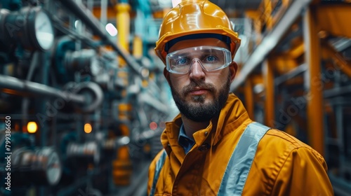 Portrait of a male engineer wearing a hard hat and safety glasses in an industrial setting