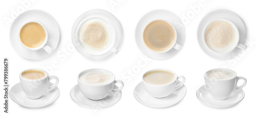 Cups of aromatic coffee isolated on white, top and side views