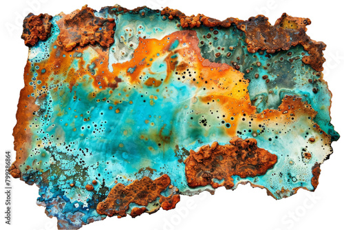 Rusty and oxidized metal sheet with blue and orange textures. for design and print