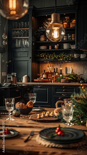 Cozy Holiday Cottage Interior  Sleek Black Kitchen