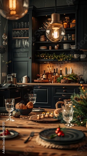 Cozy Holiday Cottage Interior, Sleek Black Kitchen