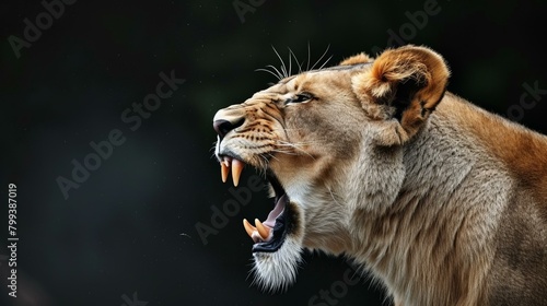 Close up of a lioness roaring with a black background photo