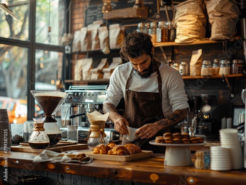 Bearded man making coffee in a coffee shop