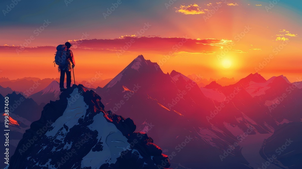 A lone hiker stands on a mountaintop and gazes at the sunset.