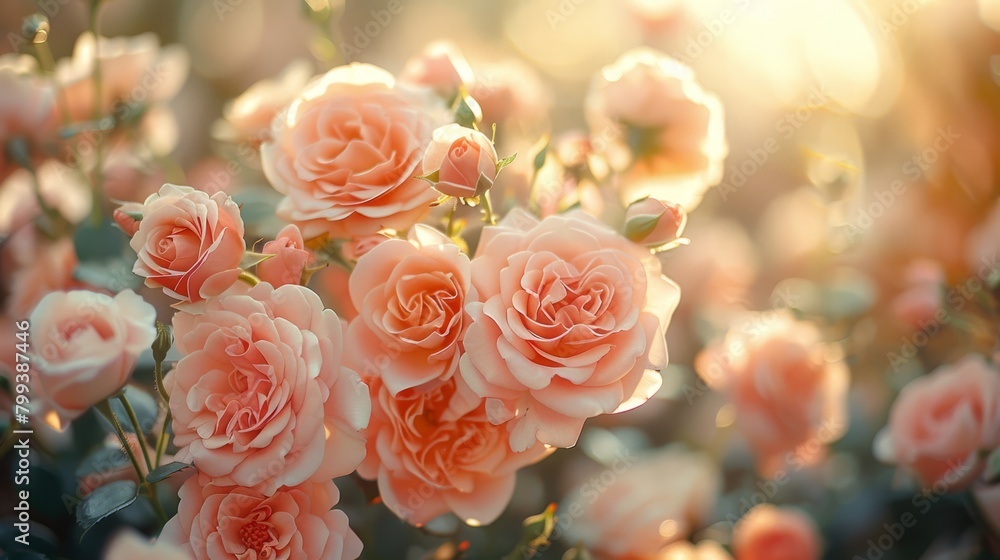 A multitude of pink roses, fully bloomed under the radiant sun, gleam through their foliage in the foreground A multitude of pink roses, fully bloomed under the radiant sun, gleam through their foliage in the foreground