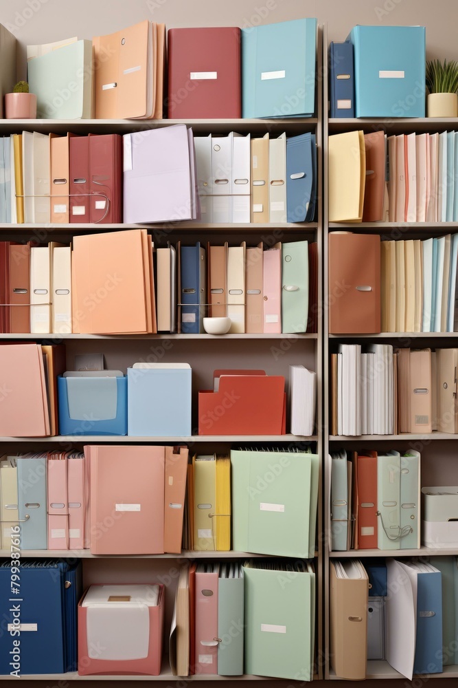 A wall of colorful files and folders in an office.