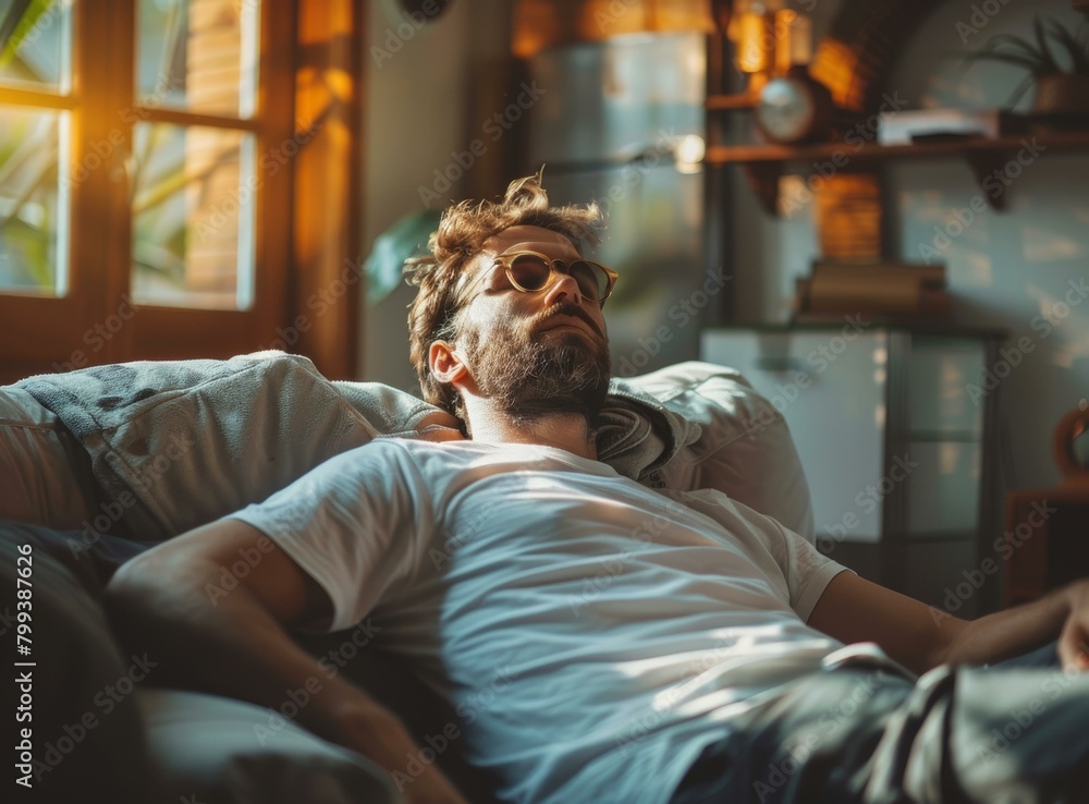 Obraz premium Bearded man napping on couch with sunglasses